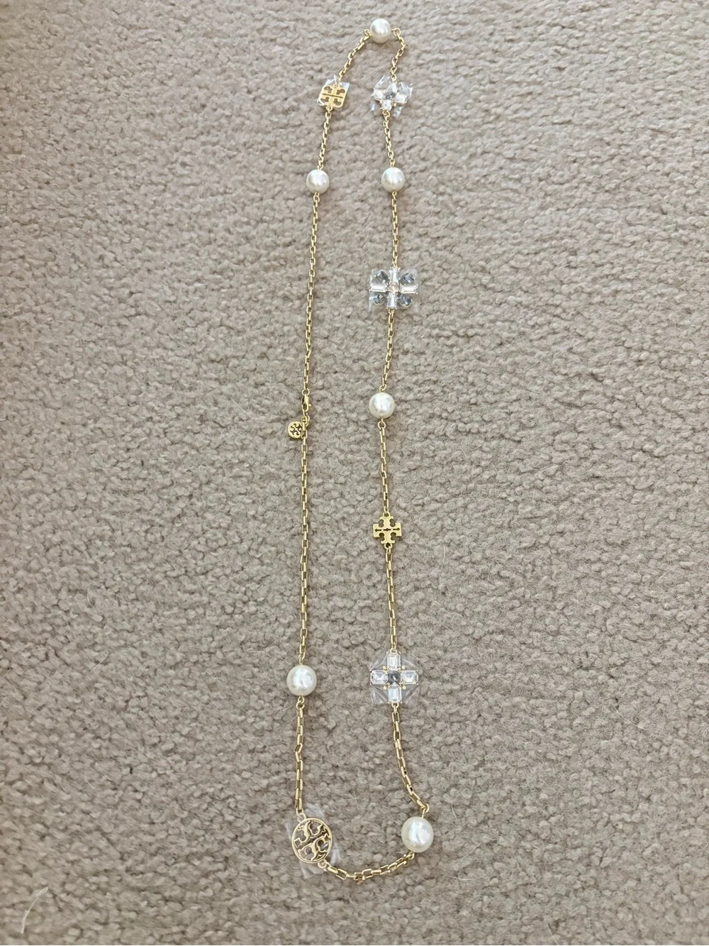 Tory Burch Gold-Tone Necklace with White Pearls and Crystal Motifs